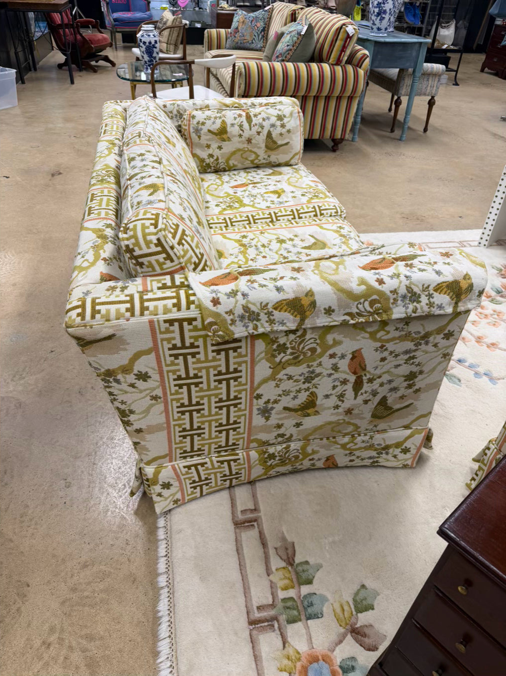 VINTAGE Cream, Gold, Green & Rust Birds Love Seat w/ 2 Cushions