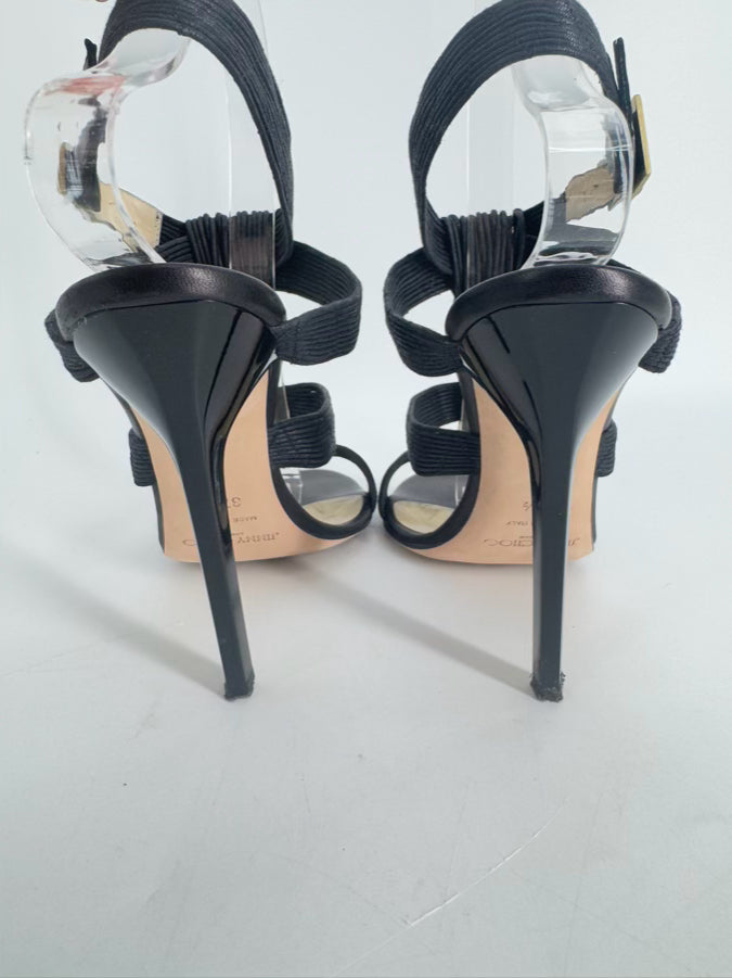 JIMMY CHOO Size 37.5 Black & Gold Leather Strappy Pumps