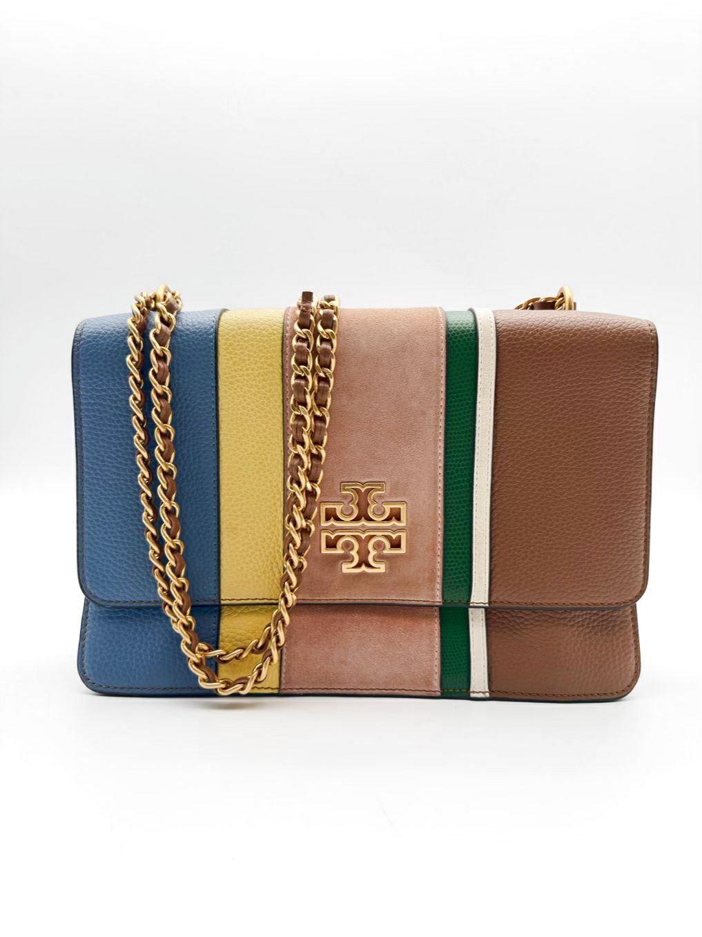TORY BURCH Brown, Blue & Yellow Britten Stripe Leather Purse