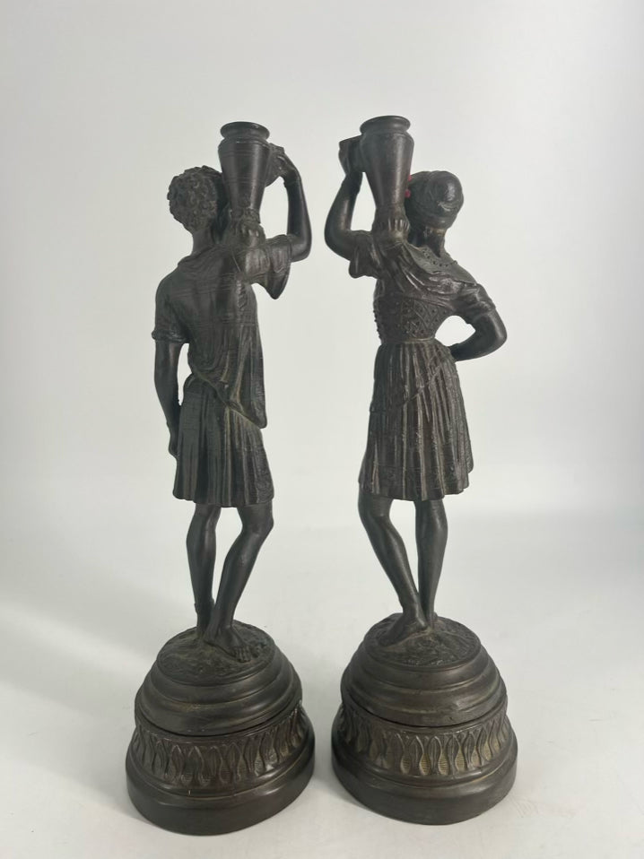 Spelter Man & Woman Figurines Pair of Candlestick Holders