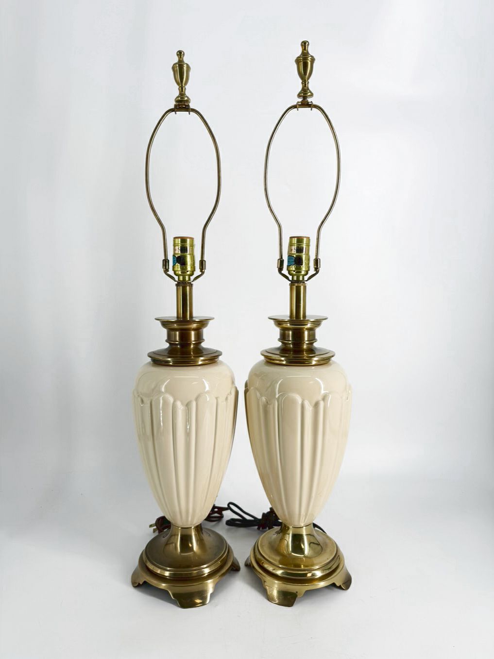 STIFFEL Brass & Cream Glass Pair of Lamps w/ No Shade
