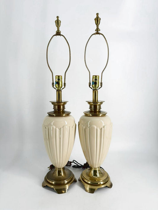 STIFFEL Brass & Cream Glass Pair of Lamps w/ No Shade