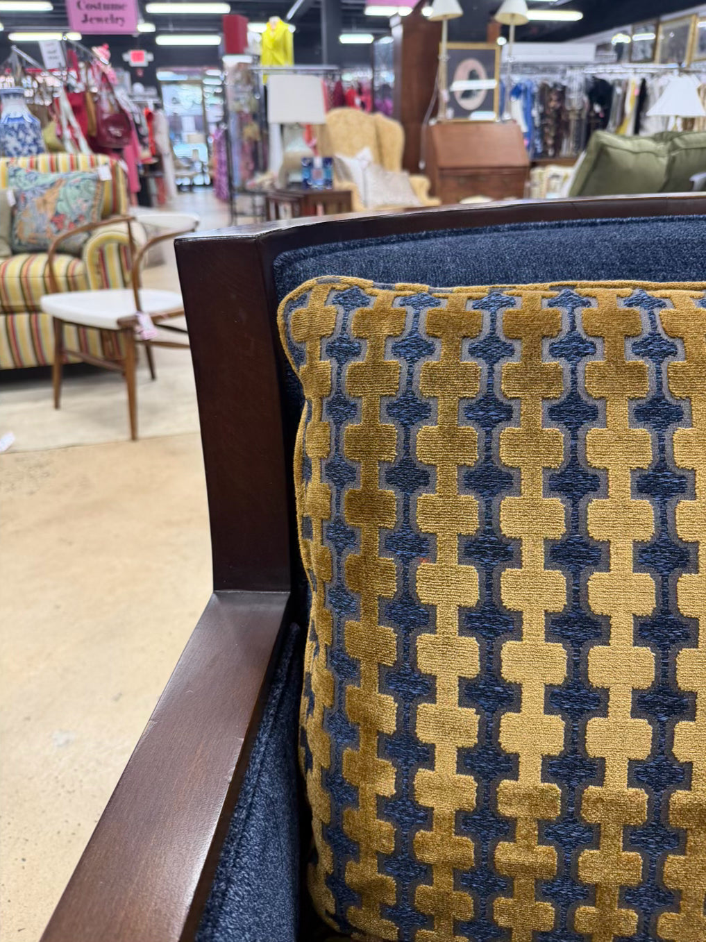 HICKORY WHITE Blue & Gold Leather & Fabric Swivel Chair