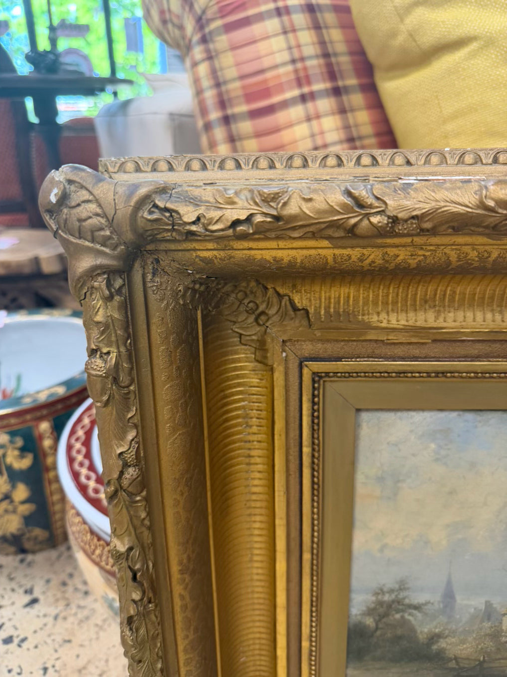 Old River Landscape Painting in Gold Wood Frame
