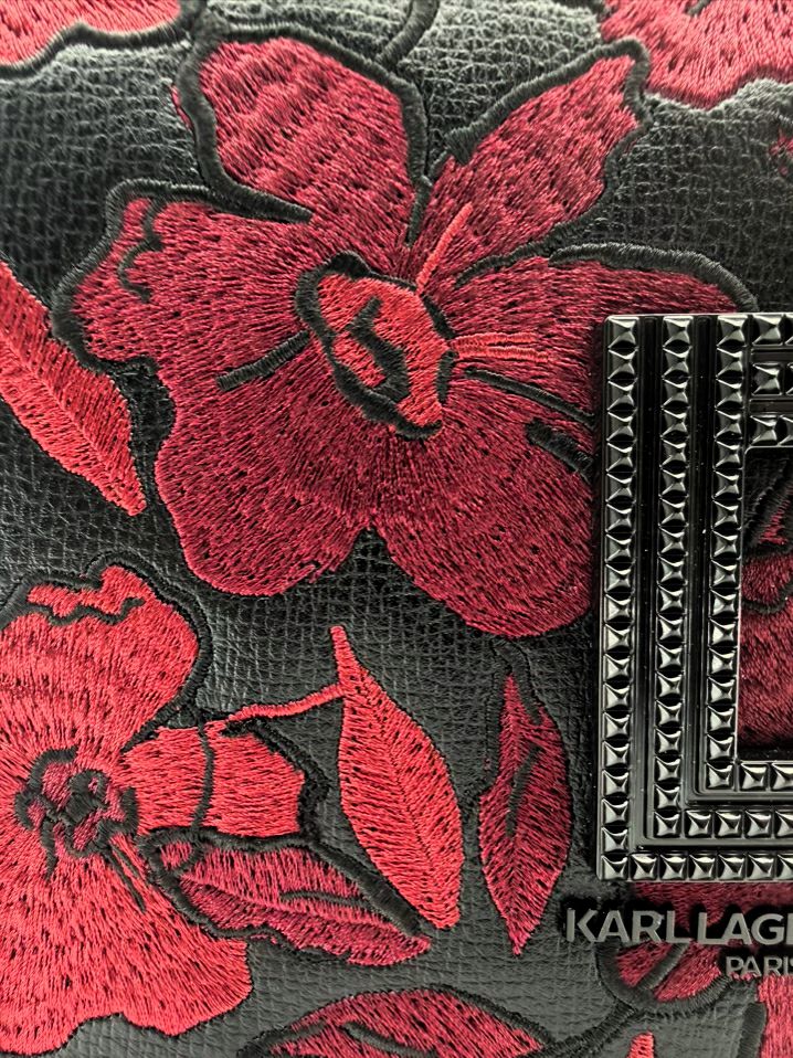 KARL LAGERFELD Simone Black & Red Leather Floral Flap Crossbody Purse