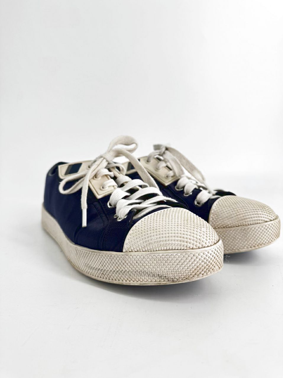PRADA Size 38 Navy Satin Sneakers