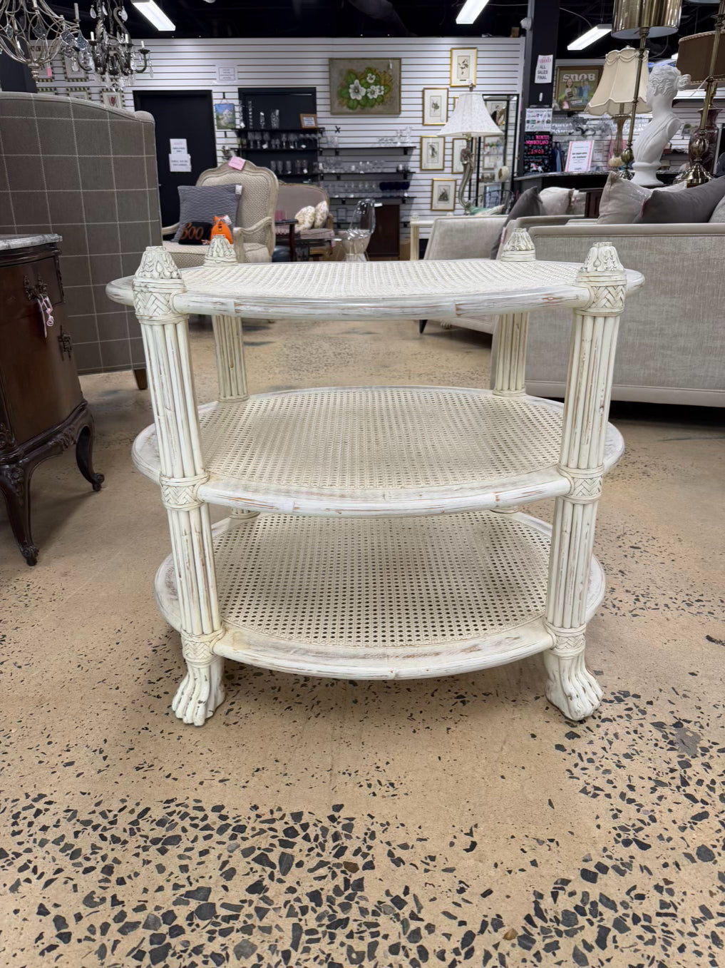 White Wood Occasional 3 Tier Table w/ Cane Shelves