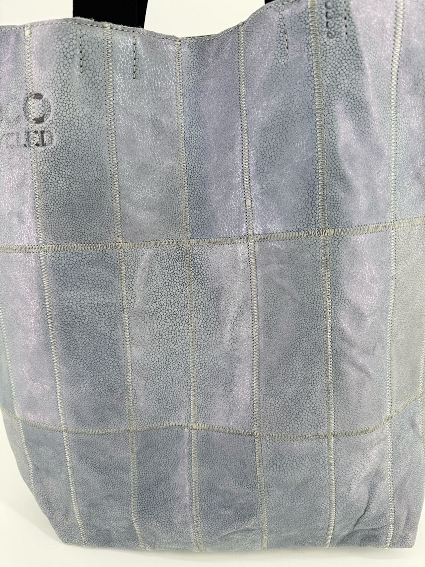 ECCO Powder Blue Iridescent Leather Patchwork Tote Bag