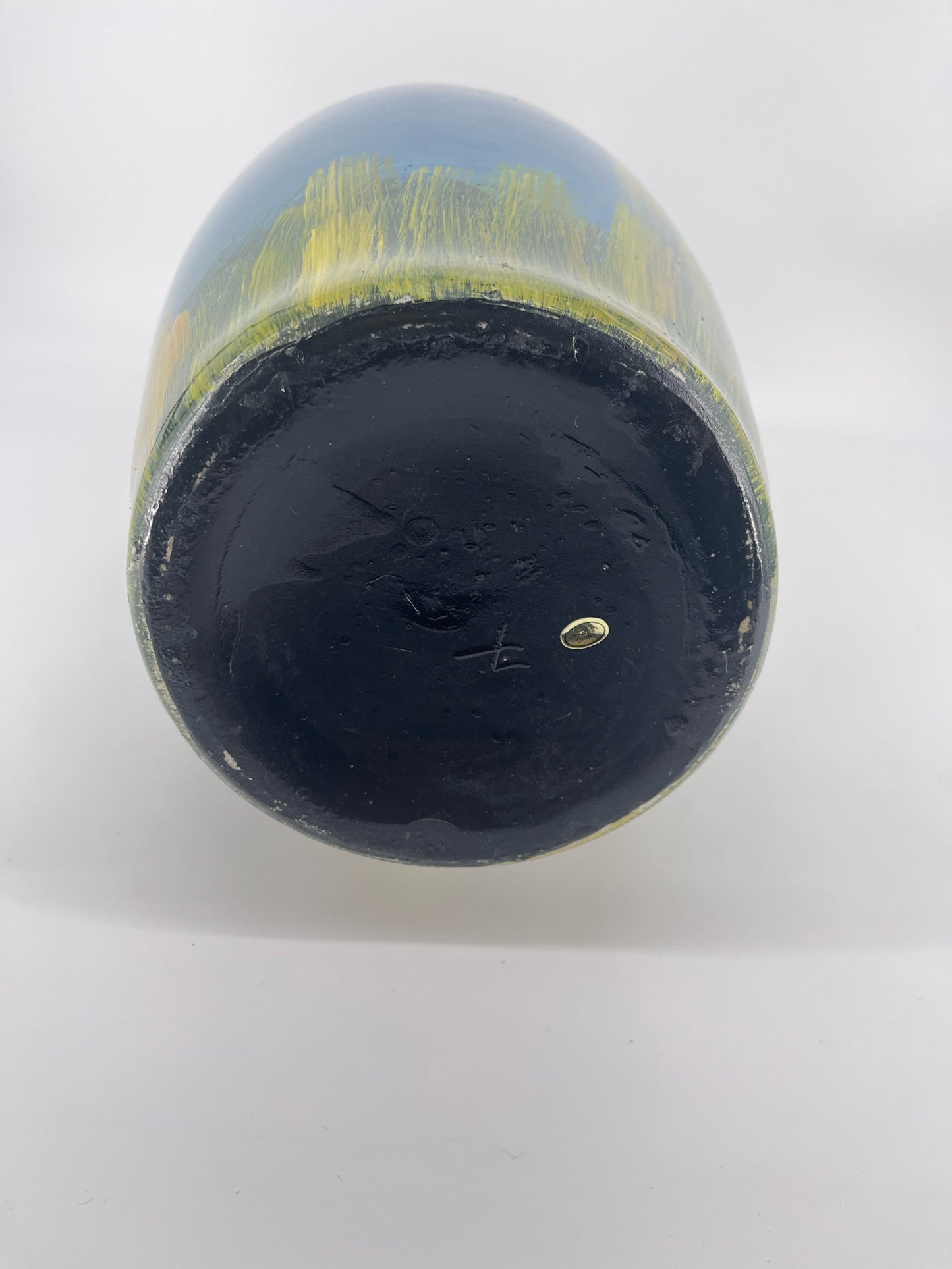 ABBY GELINA Green & Yellow Painted Boat Scene Vase