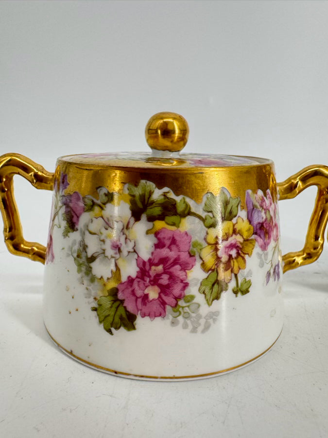 LIMOGES Pink, Purple & Gold Floral Porcelain Cream & Sugar