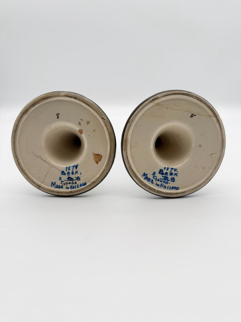 ANTIQUE HOLLAND Gouda Brown, Blue & Orange Pottery Pair Of Candleholders