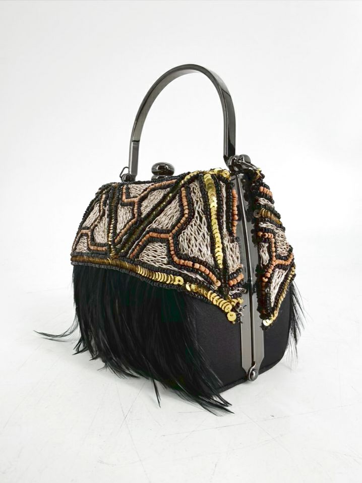 MOO ROO CHARLESTON SIGNED MARY NORTON Black Feather Beaded Art Deco Evening Bag