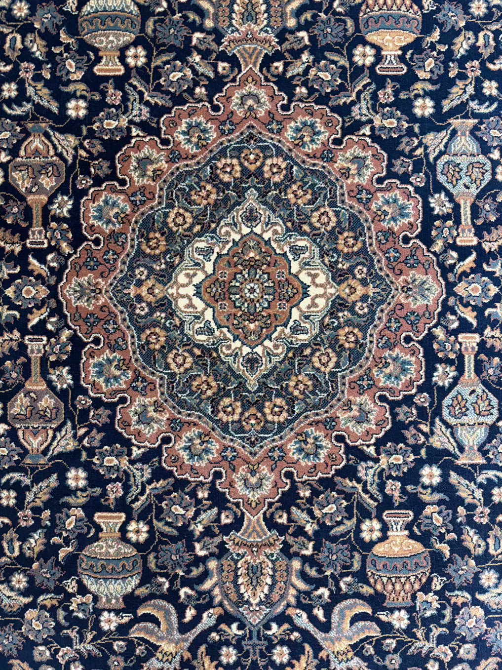 KURDAMIR Navy, Salmon Oriental Area Rug w/ Fringe