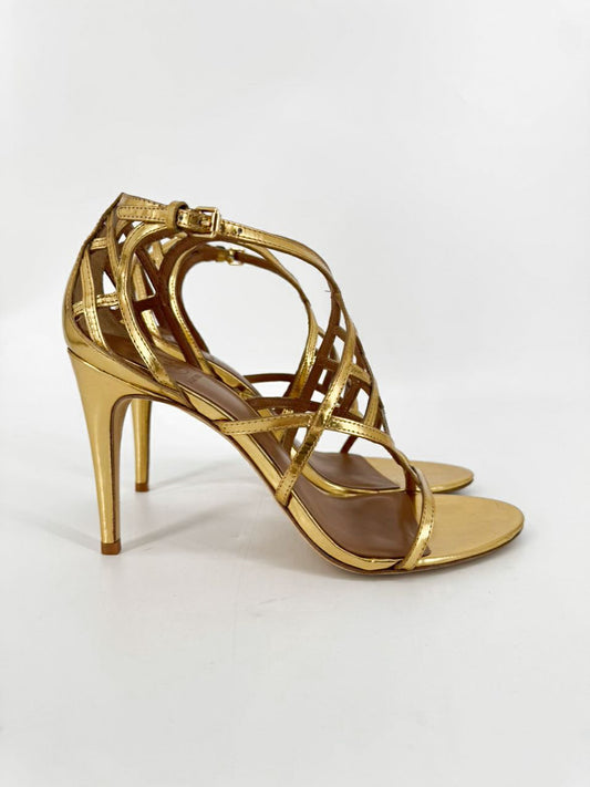 TORY BURCH Size 10 Gold Amalie Metallic Cage Heels