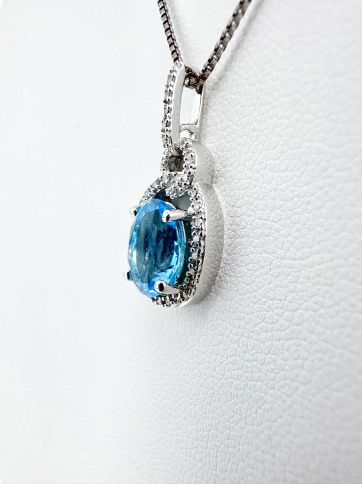 STERLING SILVER Blue Topaz & Diamond Oval Necklace & Earring Set