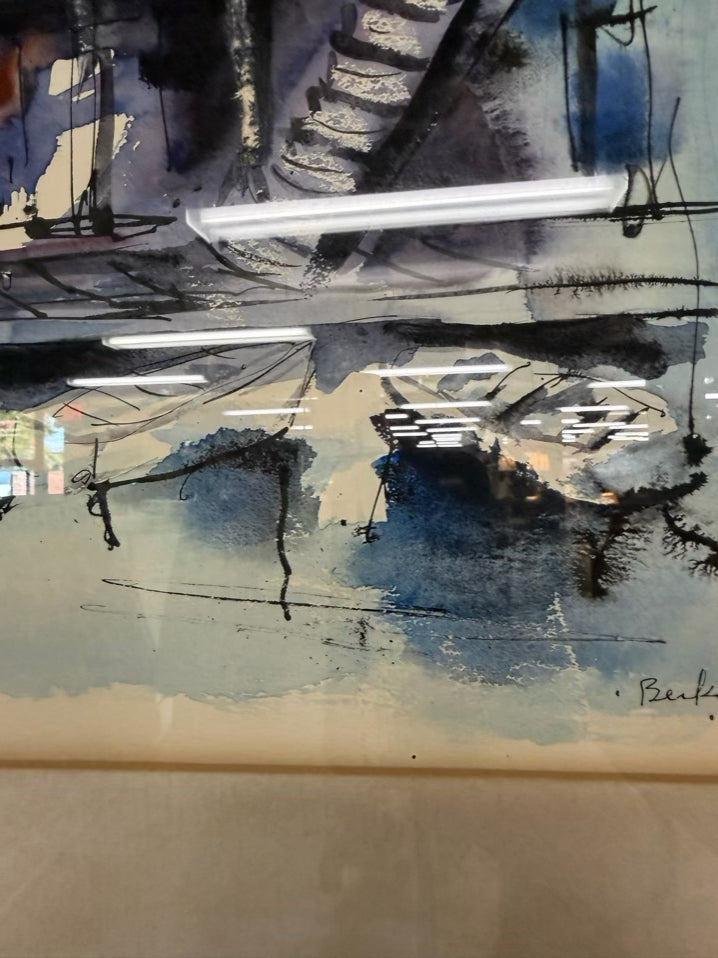 BERKMAN Abstract Waterfront Scene Watercolor In Black Frame