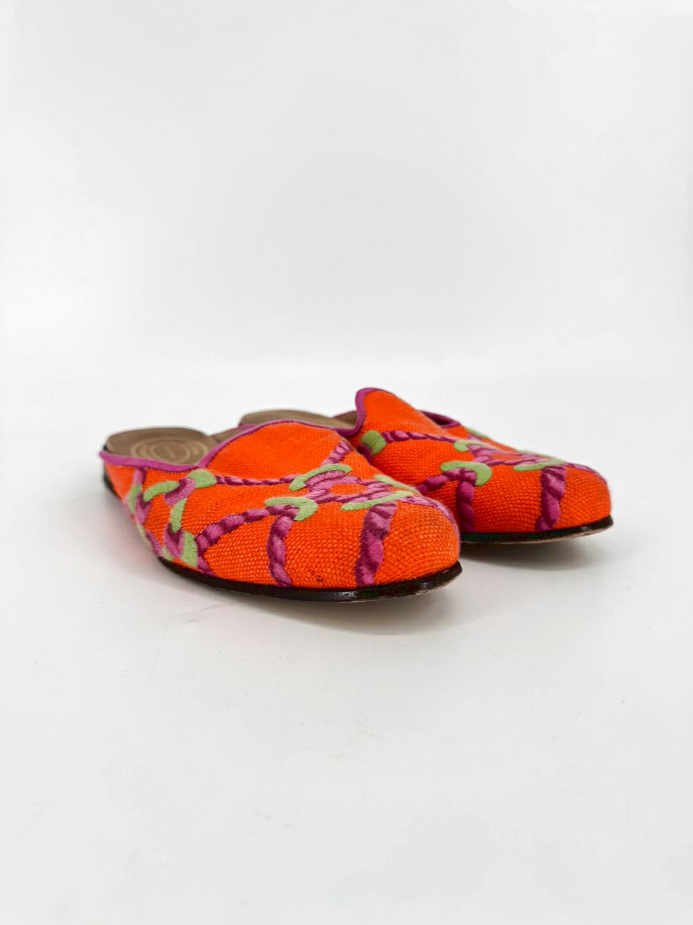 STUBBS & WOOTTON Size 9.5 Orange & Pink Leather & Fabric Knot Mules
