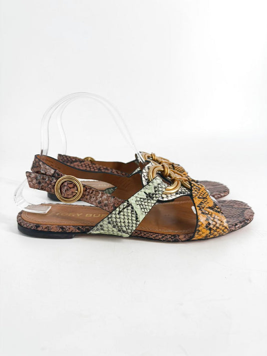 TORY BURCH Size 8.5 Brown, Mint & Orange Leather Animal Print Sandals