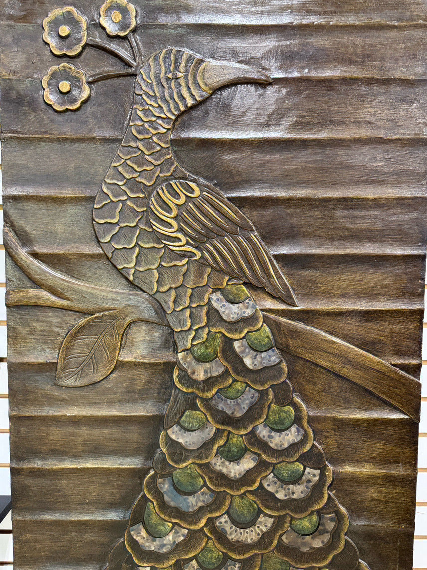 Carved Wood Peacock Panel