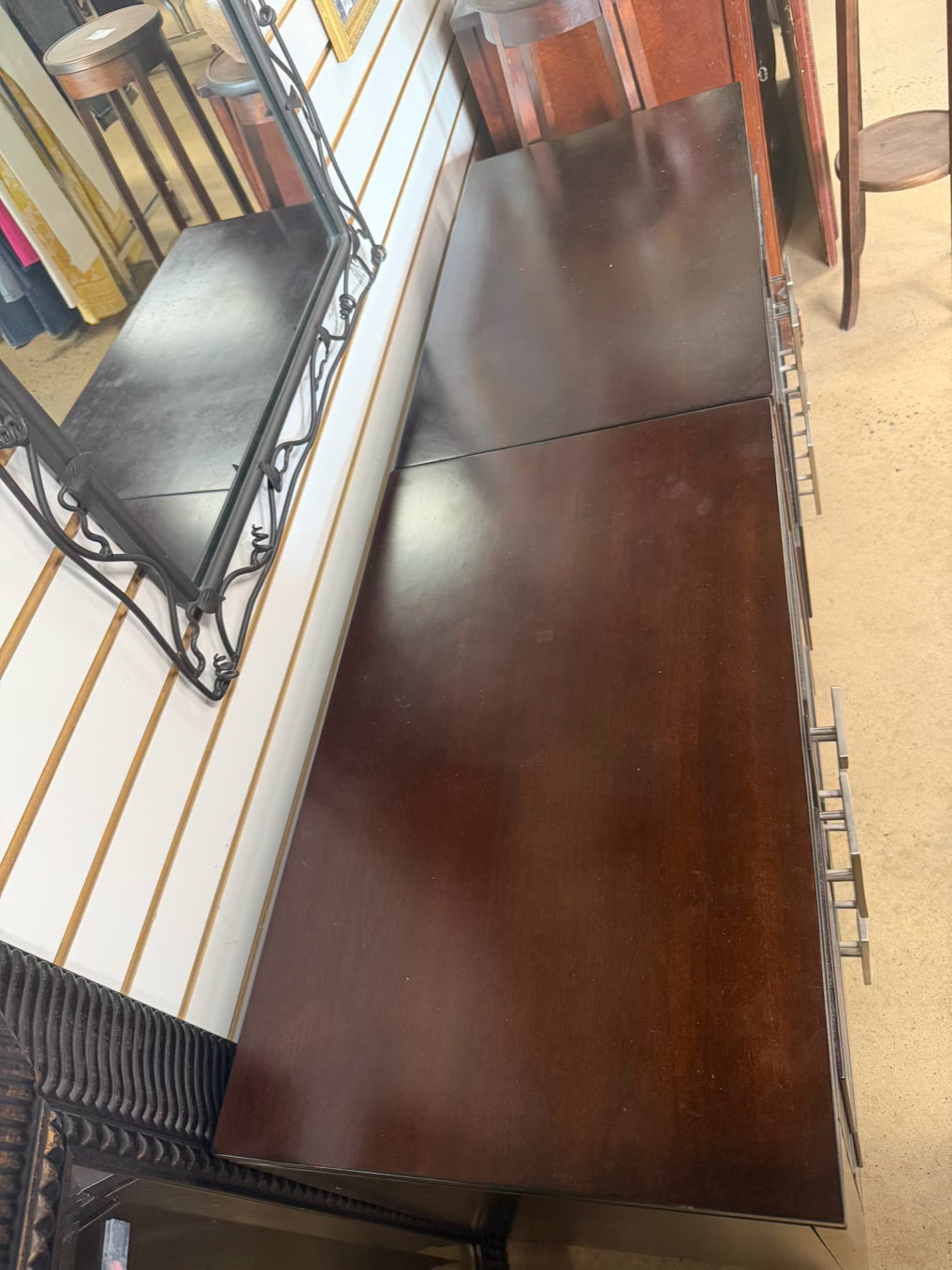 Dark Wood Pair of End Tables w/ Silver Metal Handles