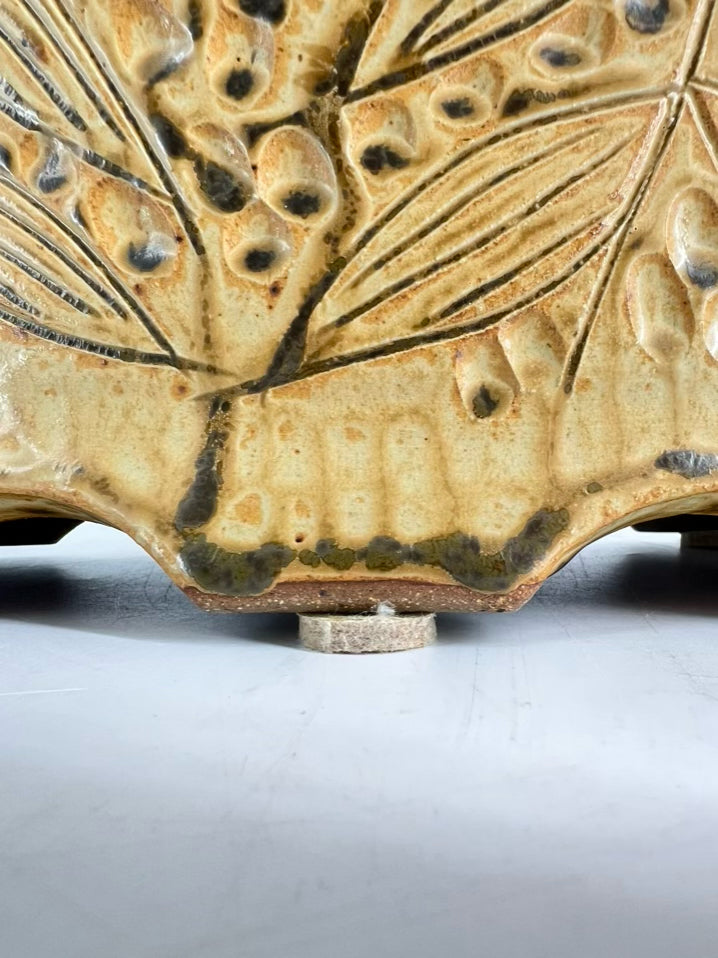 SIGNED Gold & Tan Pottery Vase w/Handles