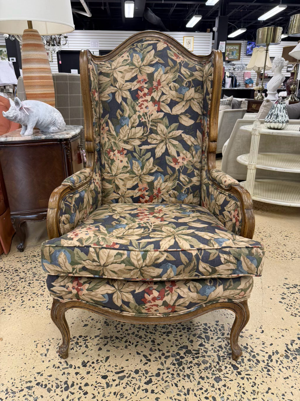 VINTAGE Blue, Red, & Cream French Floral Fabric Chair
