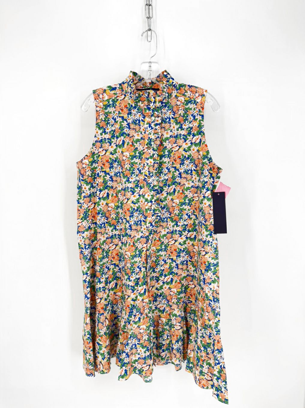 DUFFIELD LANE Size L Blue & Orange Ruffle Detail Floral Sleeveless Dress NWT