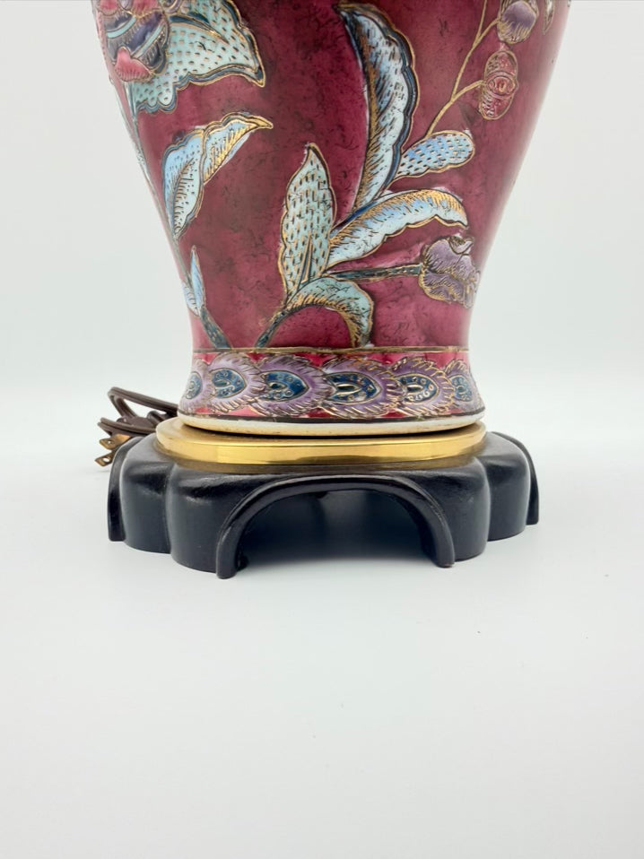 Burgundy & Blue Porcelain Jar Asian Inspired Lamp On Brown Wooden Base