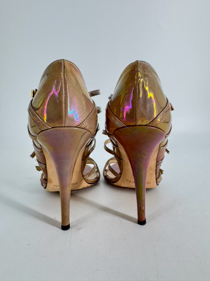 JIMMY CHOO Size 37.5 Metallic Iridescent Leather Atlas Gladiator Pumps