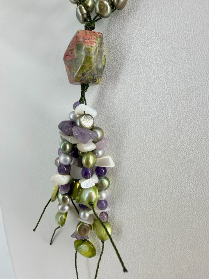 Multi Colored Jasper, Amethyst, Pearl & Shell  Necklace