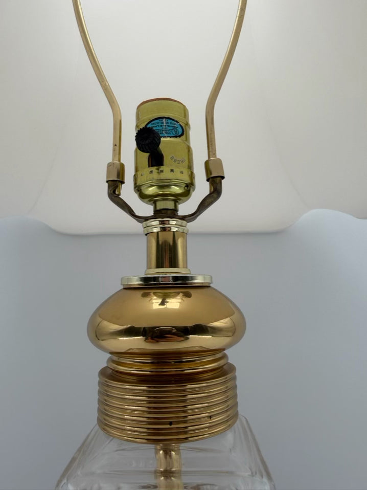 Square Clear Crystal & Brass Lamp w/ Ivory Silk Shade