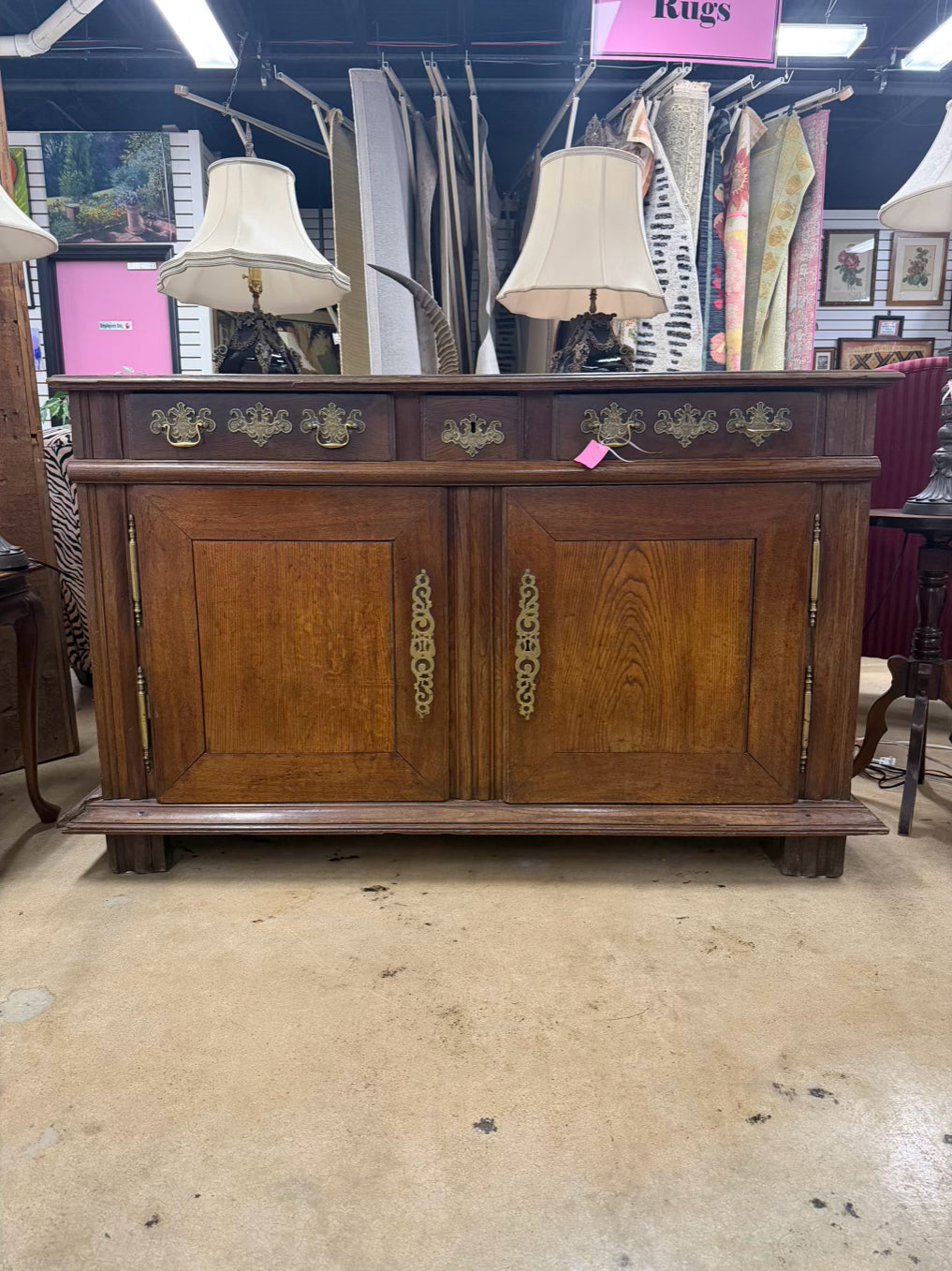 ANTIQUE Medium Dark Oak French Side Board w/ Large Brass Trim