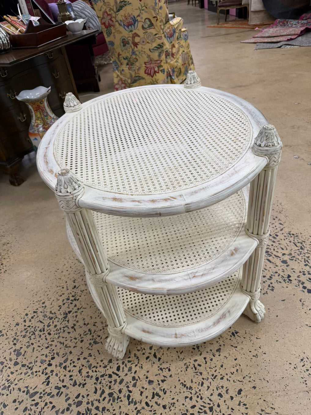 White Wood Occasional 3 Tier Table w/ Cane Shelves