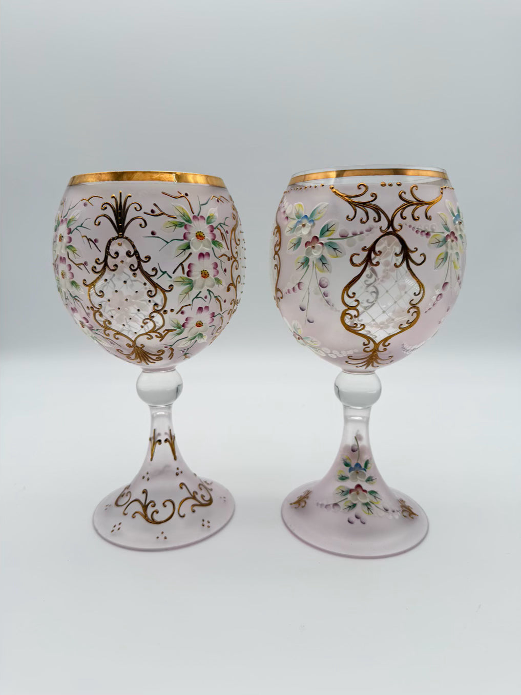 Pink , Gold & White Painted Crystal Pair Of Large Wine Glasses