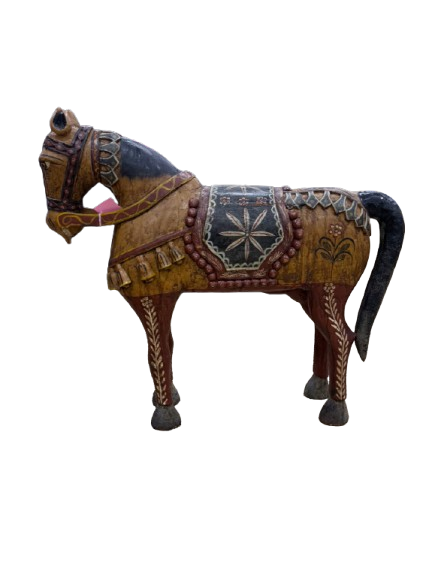 Gold, Red & Black Painted Wood Carved  Horse Figure