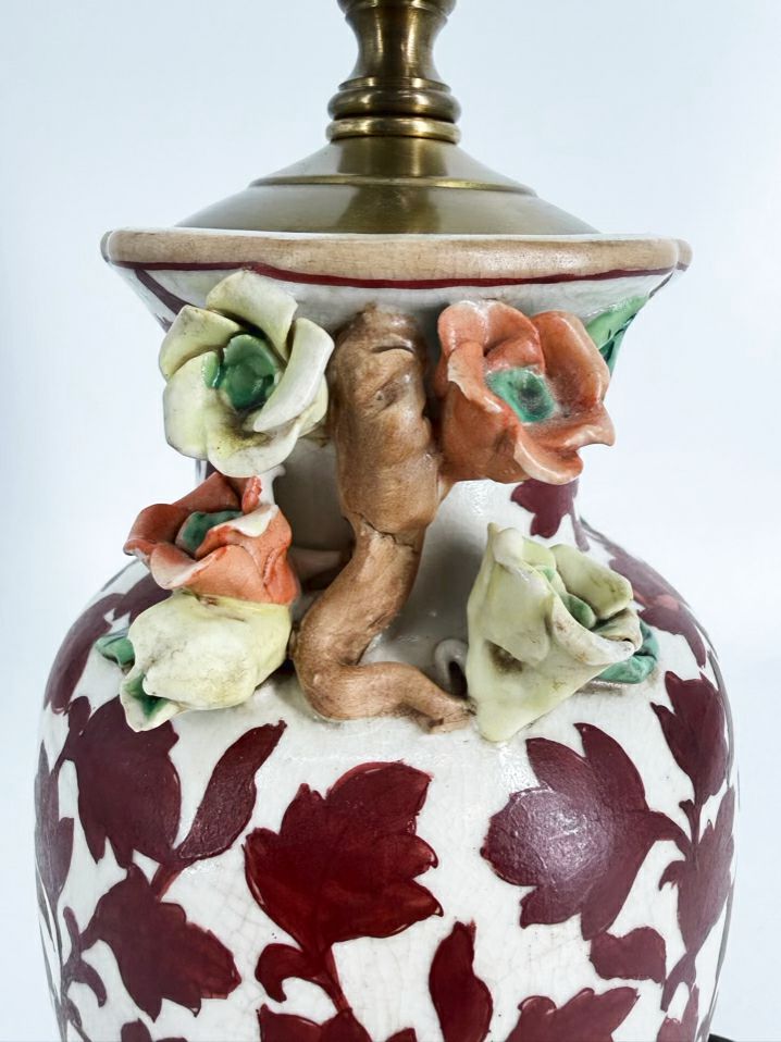 VINTAGE  Rust & Cream Ceramic Lamp w/ Flower Detail On Sides No Shade