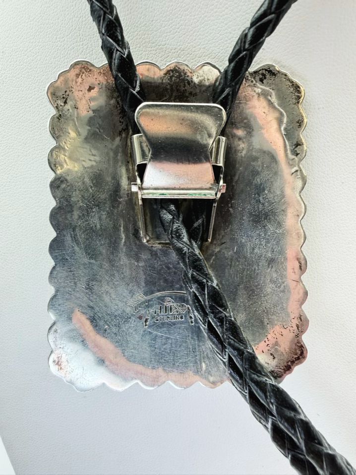 DELBERT SAUNDERS STERLING SILVER Stone Leather Bolo Tie Ornate Necklace