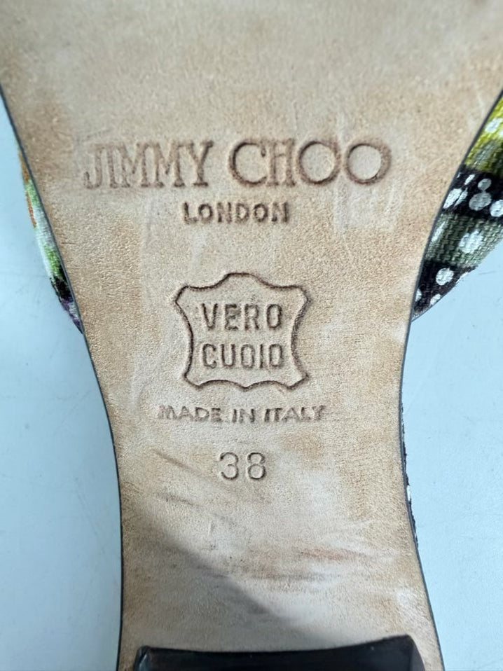 JIMMY CHOO Size 38 Purple & Green Canvas Print Heels