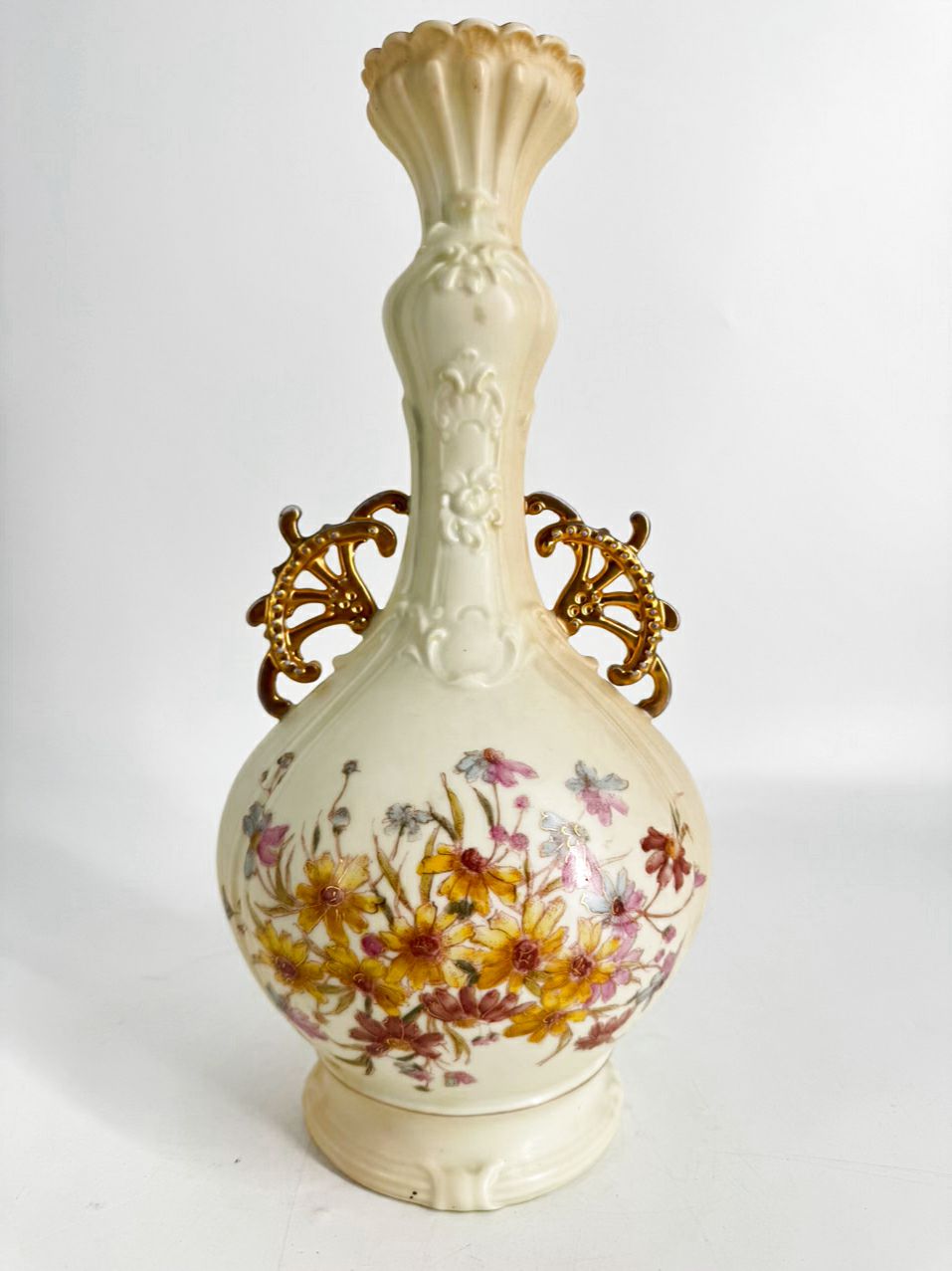 GERMANY-RUDOLSTADT Cream & Pink/Yellow Flowers Porcelain Vase