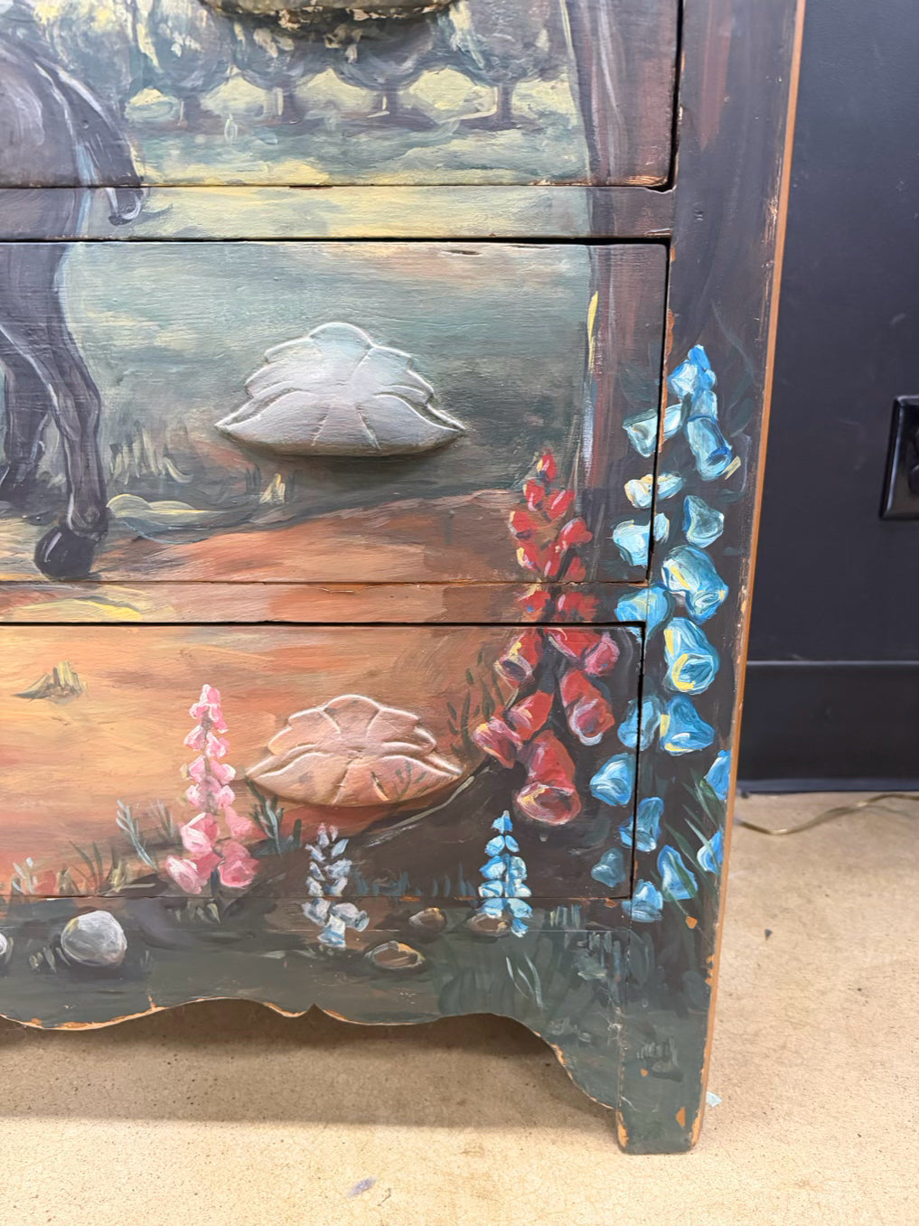VINTAGE Painted Wood Girl On Horse 3 Drawer Chest