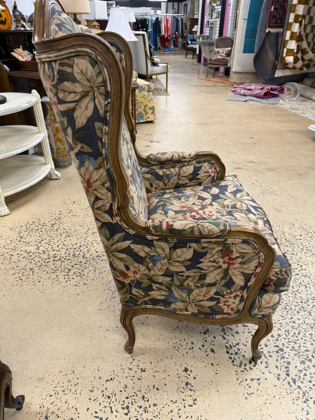 VINTAGE Blue, Red, & Cream French Floral Fabric Chair