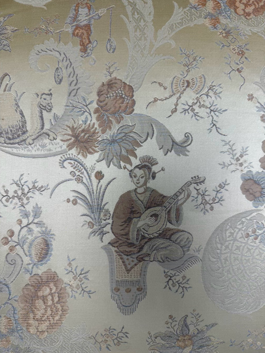 High back Armless Pair Of Chairs w/ Asian Jacquard Fabric