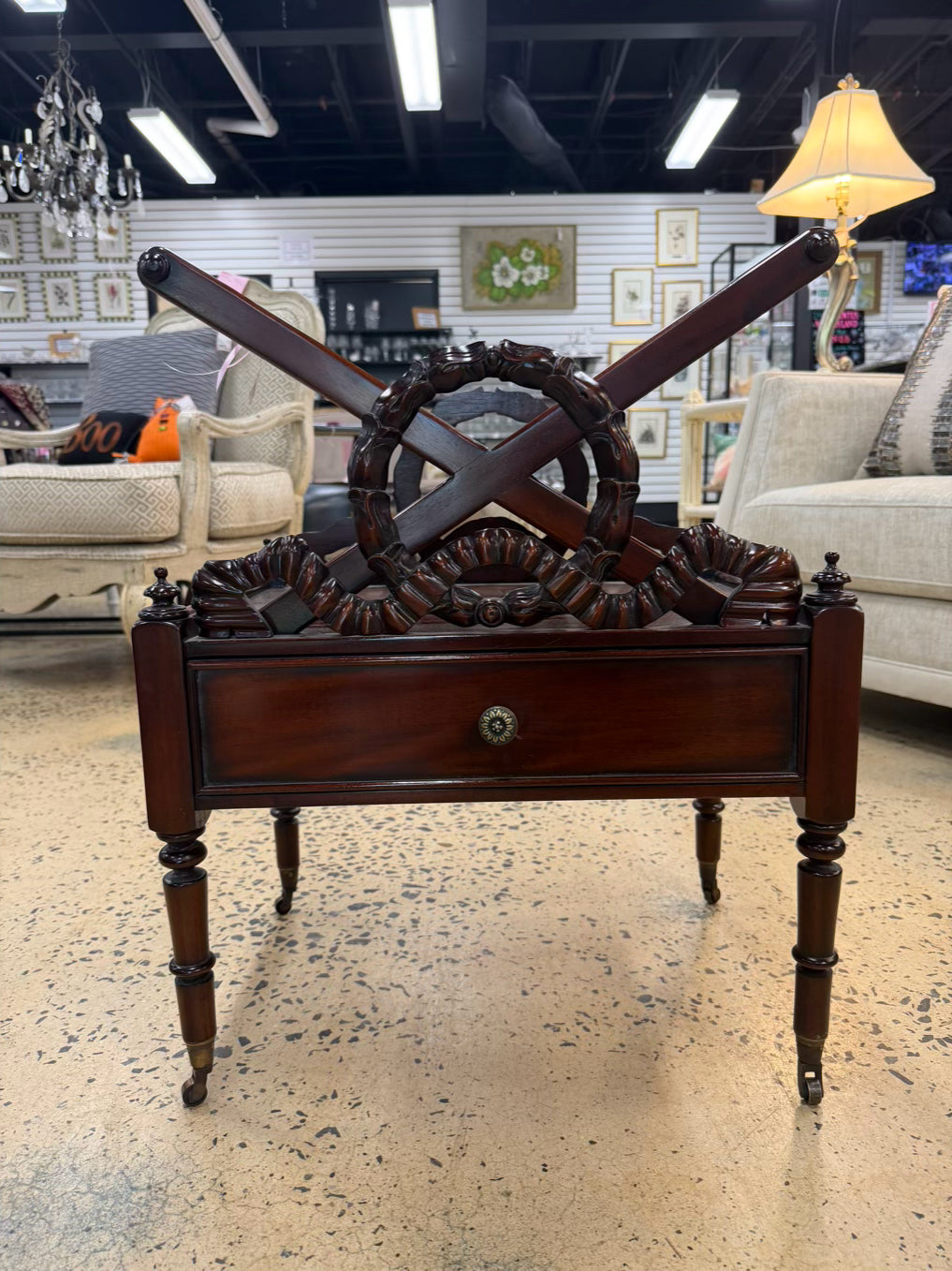 ENGLISH Dark Mahogany Canterbury Rack Magazine Stand w/ Bottom Drawer