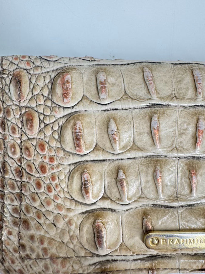 BRAHMIN Cream Embossed Leather Wristlet