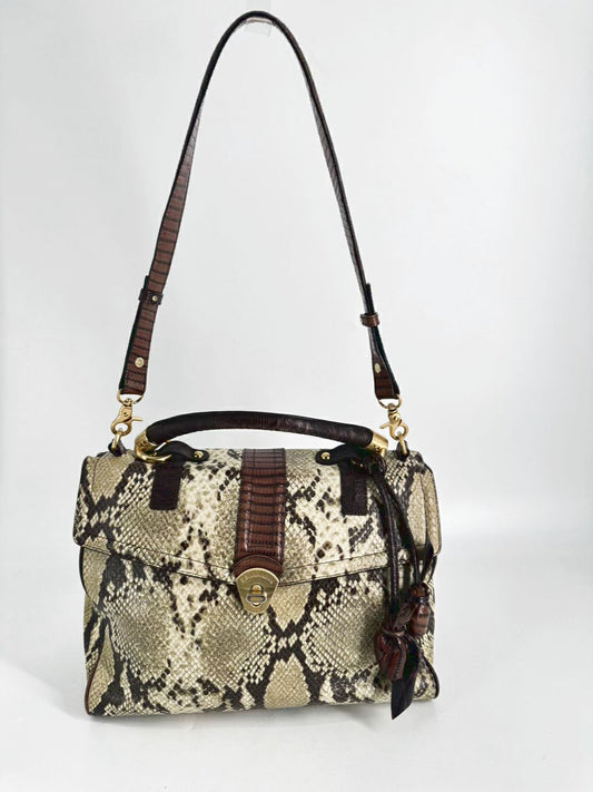 BRAHMIN Cream & Brown Leather Snake Print Purse
