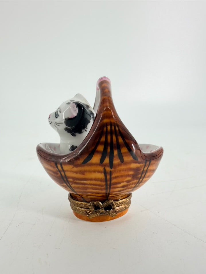 Limoges Black & White Porcelain Cat In Basket Trinket Box