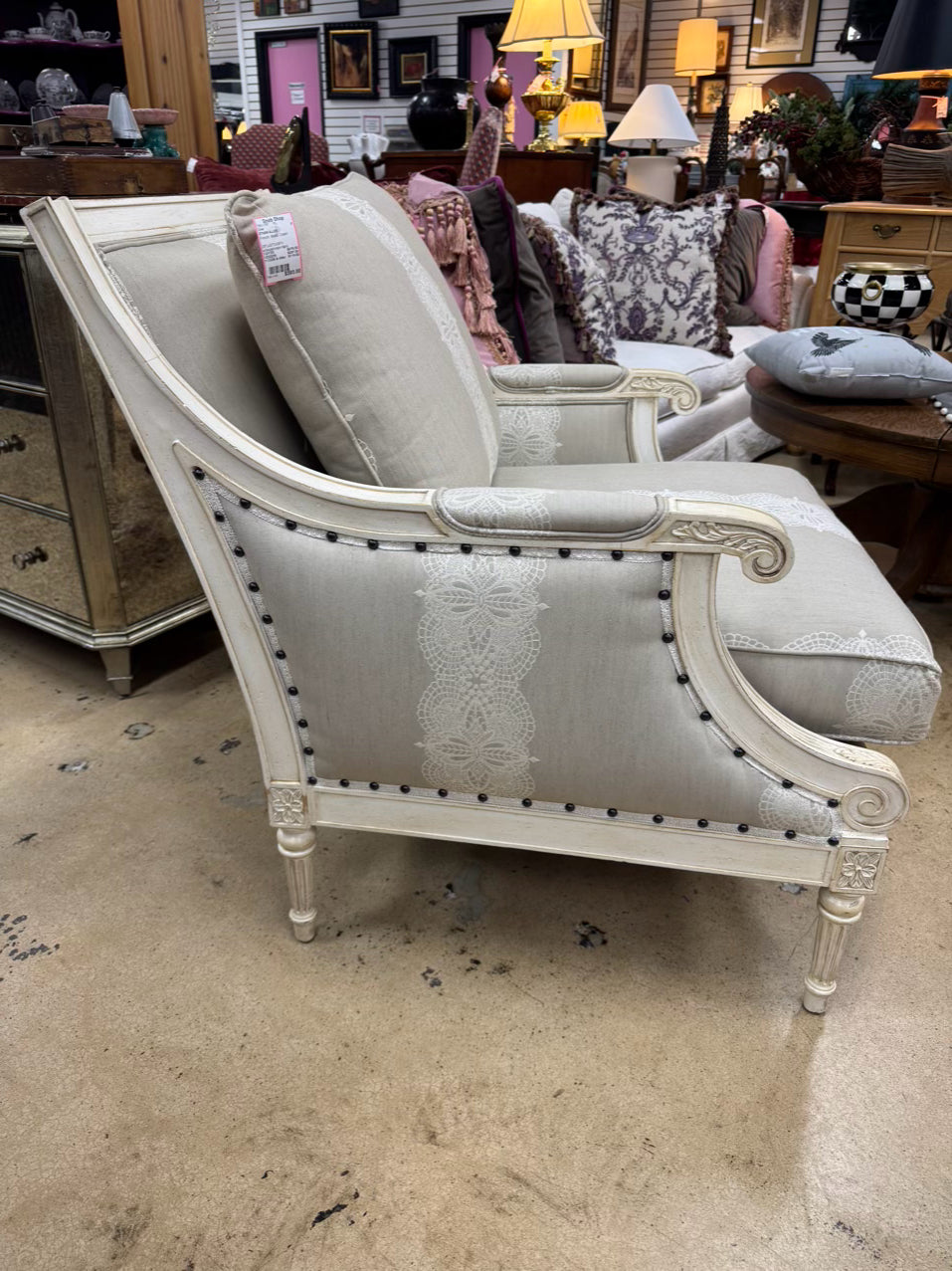 ETHAN ALLEN Cream & Taupe Wood Upholstered French Chair