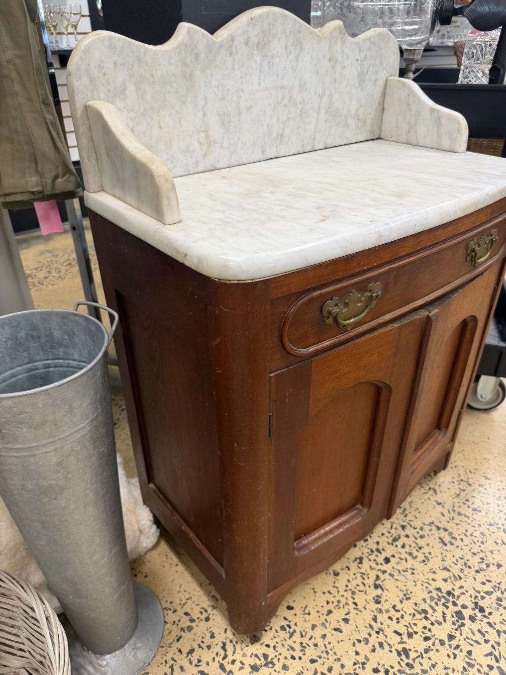 ANTIQUE Dark Brown Wood Wash Stand w/ Marble Top