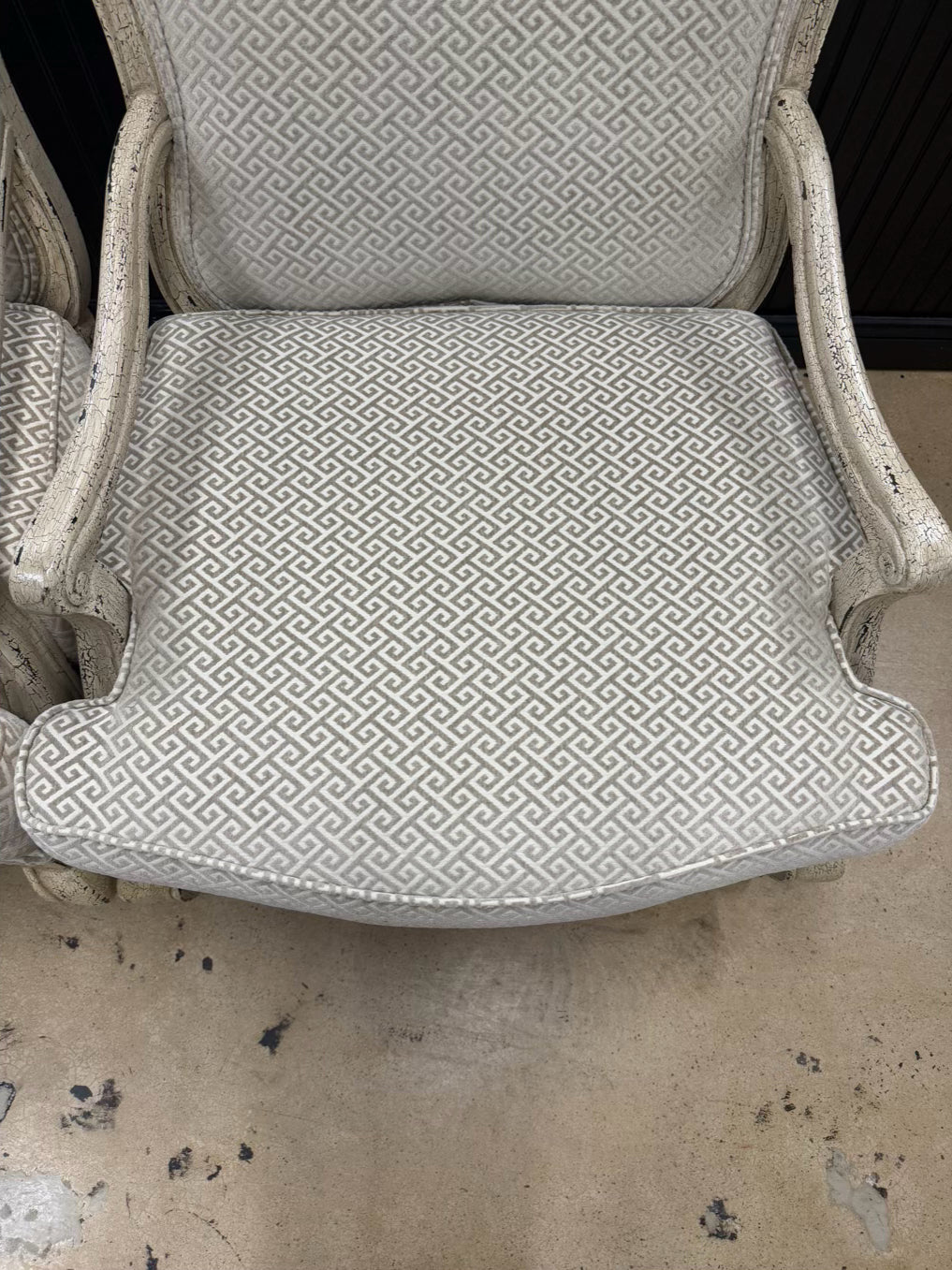 Cream Crackle Louis XV Oversized Pair Of Chairs w/ Taupe & White Fabric