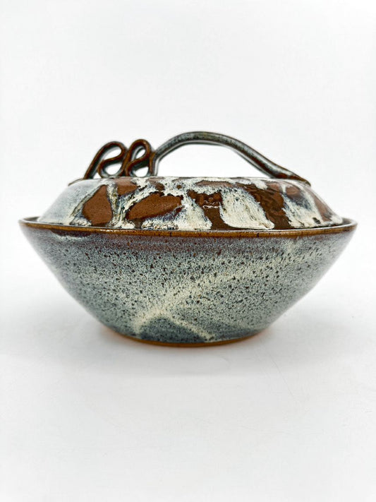 MUD PUPPIES POTTERY Blue & Brown Lidded Bowl